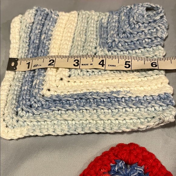 Handmade Crochet Knitted Pot Holders Set of 7 Seven Red, Blue, White - Picture 7 of 8